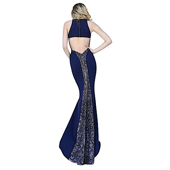 Sherri Hill FLAWED Maxi Evening Gown Full Floor Length, Midnight Blue, Size 0 - Picture 3 of 16